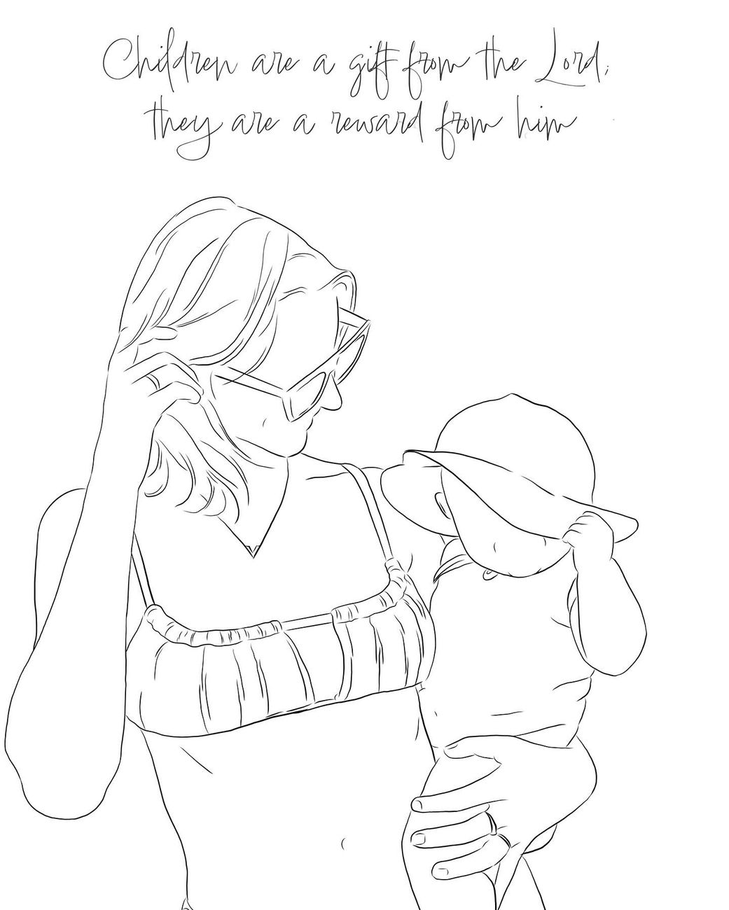 Line drawing of the mother and baby with the verse Children are a gift from the Lord